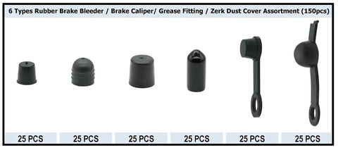 6 Types Rubber Brake Bleeder Cap Set 150 Pcs Caliper Cap Grease Fitting Cap Zerk Dust Cover Assortment for cars and motorcycles.