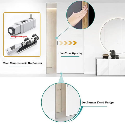 Sliding Door Track Kit With Soft Close Pocket Door Hardware Heavy Duty Smooth Quiet Black Barn Door System For Pantry And Closet 18.7 Feet Aluminum Single Track Includes Rollers Floor Guide And Hanger Plate illustrated with diagrams of door bounce-back mechanism, one-press opening, and no bottom track design.