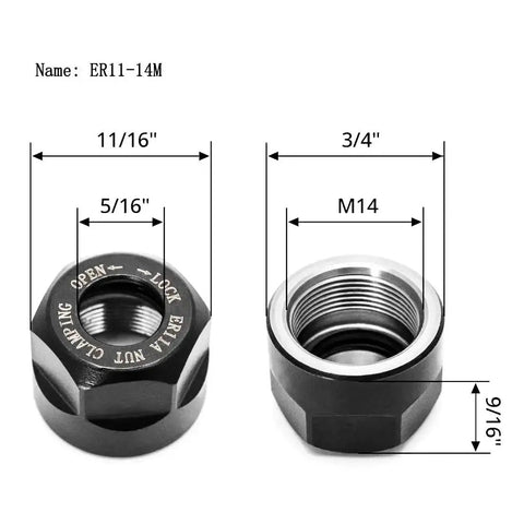 ER11 Collet Nut Set Includes 1 8th Inch Collet and 1 4th Inch Collet with Clamping Nut, dimensions and threading displayed