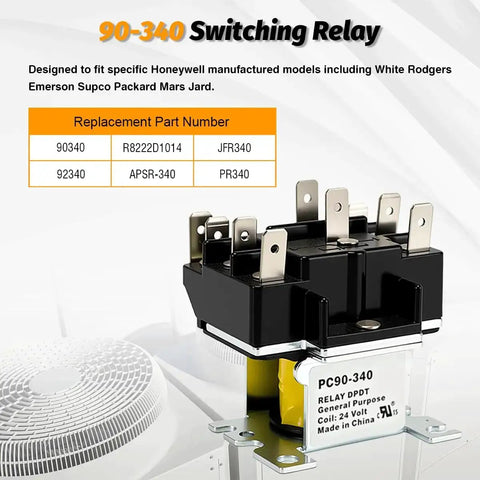 DPDT 24V General Purpose Switching Relay for HVAC, visible part number PC90-340, replacement for R8222D1014.
