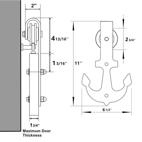 Black Rustic Non Bypass Sliding Barn Door Hardware Kit For One Door 6 Foot Flat Track With Anchor Design Rollers diagram