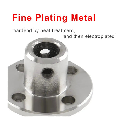 Close-up of 6mm bore flange shaft coupling showing heat-treated iron construction, fine plating, and bolt holes for secure DIY RC motor connections.