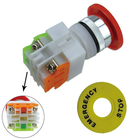 Two Pack 22mm Latching Emergency Stop Push Button Switch Red With 60mm Sign, 1NO 1NC DPST, 660V Rated, 4 Pin Terminals