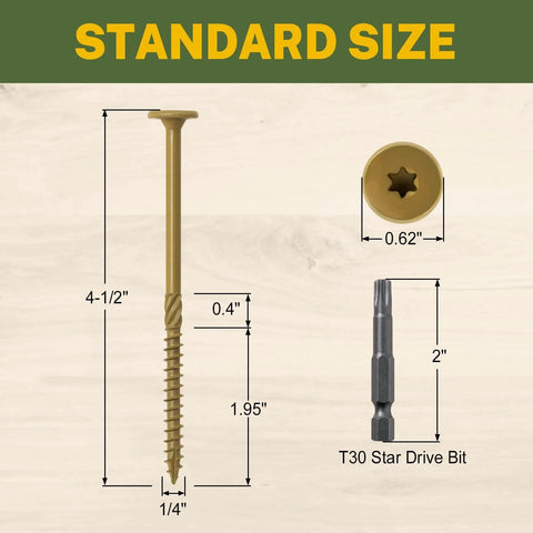 Heavy-Duty Lag Screws 14 X 4-1/2 Inch, bronze coated outdoor structural wood screws with flat head and T30 Star Drive bit