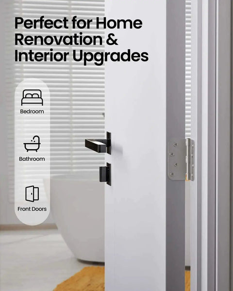 4 Inch Door Hinges 3 Pack Brushed Nickel Satin Finish Five Eighth Inch Radius Corners Heavy Duty 4x4 Interior Hinges shown installed