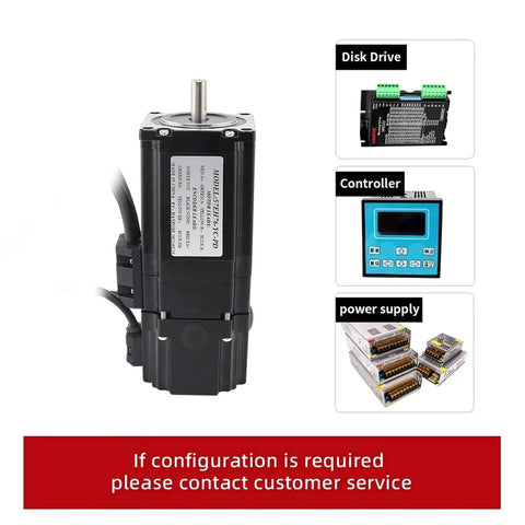Servo motor with exposed shaft and black housing; insets show disk drive, controller, power supply.