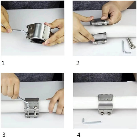 Emergency Fast Fix Pipe Repair Clamp Kit For Plastic And Metal Pipes 20mm To 23mm Leak Sealer installation steps shown on white pipe