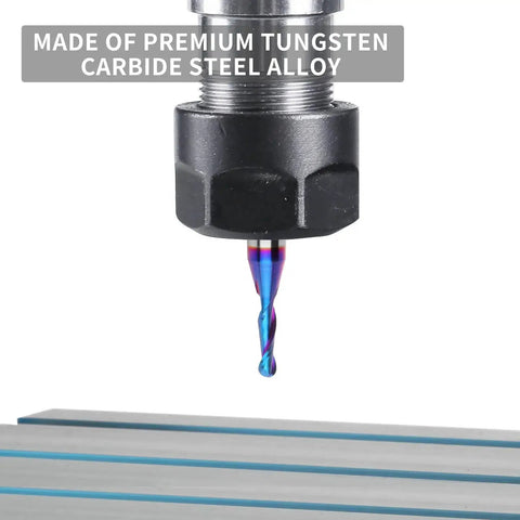 Carbide Ball Nose CNC Bit 1 Quarter Inch Shank 1 Eighth Inch Cutting Diameter End Mill Spiral Router Bit For Wood Carving And Engraving Nano Blue Coating Pro Grade By EANOSIC with close-up view showing nano blue coating.
