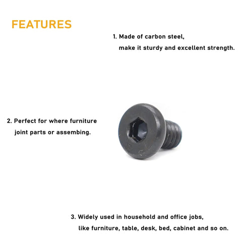 Close-up of a black 1/4-20 hex socket cap screw made of carbon steel, perfect for furniture repairs and assembly.