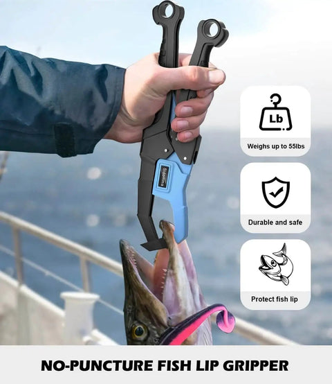 All In One Fishing Tool Kit With Pliers Fillet Knife Scissors Lip Gripper Ruler And Braided Line Scissors For Saltwater Fly Ice Fishing Gifts For Men Sidomma Pro Gear showing fish lip gripper in use