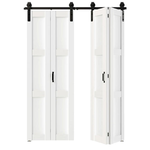 Image of Space Saving Bi-Fold Barn Door Set With Slick Sliding Hardware Kit, 60 Inch Wide 3-Panel MDF White Door Slabs.
