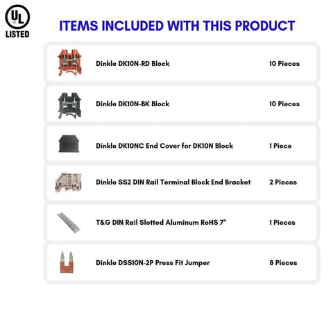 Items included in 10 Gang DIN Rail Terminal Block Assembly Kit with jumpers, covers, and brackets for solar distribution.