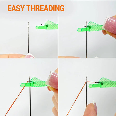 30 Piece Needle Threader Set With Fish Mouth Guides For Side Threading Sewing Machines displayed with easy needle threading process.