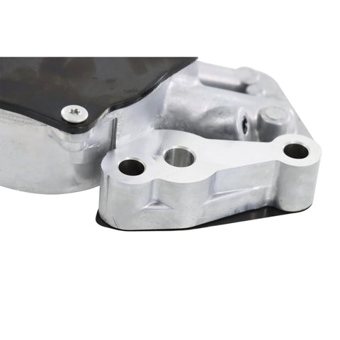 Brake vacuum pump, silver aluminum housing with black top, three-hole mounting flange.