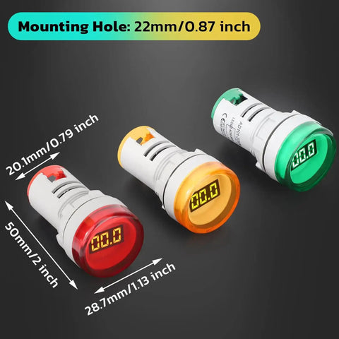 AC Voltage Display Three Pack Digital LED Voltmeter Panel For AC 60 To 500V with green, red, yellow indicators and dimensions shown