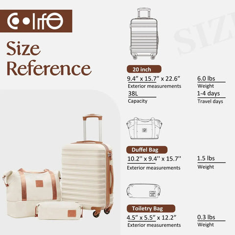 Lightweight Softside 3 Piece Luggage Set With 20 Inch Carry On Wheeled Luggage Included Duffel Bag And Toiletry Bag White Finish Size Reference Chart Coolife