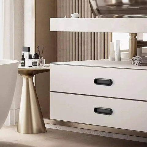 Bathroom drawer with installed Five Pack Matte Black Self Adhesive Door And Cabinet Handles 4.38 Inch Long No Drilling Required Sticky Finger Pulls
