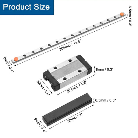 300mm Linear Guide Rail Kit With MGN9H Carriage Block And Mini Guide for 9mm Rails, components and sizes shown