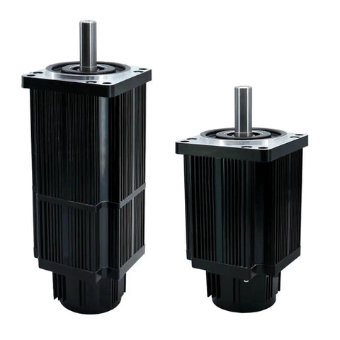Front view of two black servo motors with ribbed heatsink housings and silver mounting flanges.