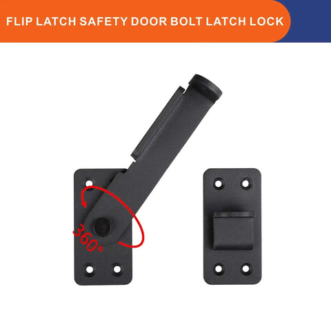 Heavy Duty 90 Degree Gate Latch With Padlock Hole, steel powder coated, two views showing mounting holes and 360-degree rotation.
