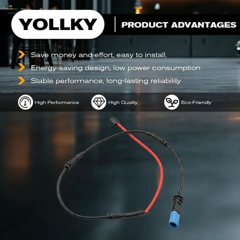 Front view of YOLKY brake pad wear sensor harness with red wire and blue connector