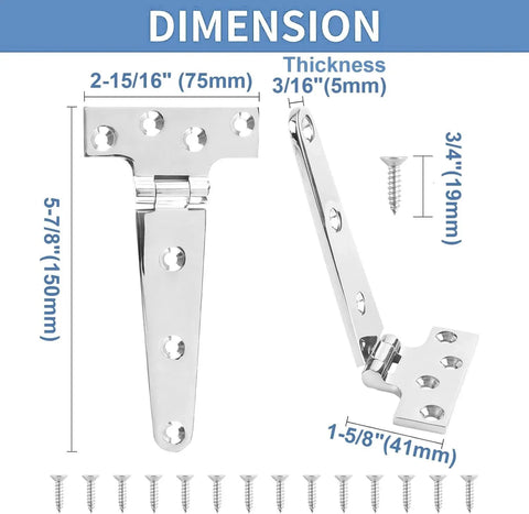 Front and side view of 316 Stainless Steel T Hinges Marine Grade Heavy Duty With Screws 5.9 x 2.9 Inch Pack of 2 with dimensions.