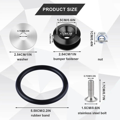 Universal Car Bumper Quick Release Fastener Kit 18 Pieces With 4 Quick Release Tabs 4 Nuts 4 Stainless Bolts 4 Washers 2 O Rings For Front Or Rear Bumpers Ideal For Trunk Bumper Accessory Replacement And Easy Installation size chart showing components