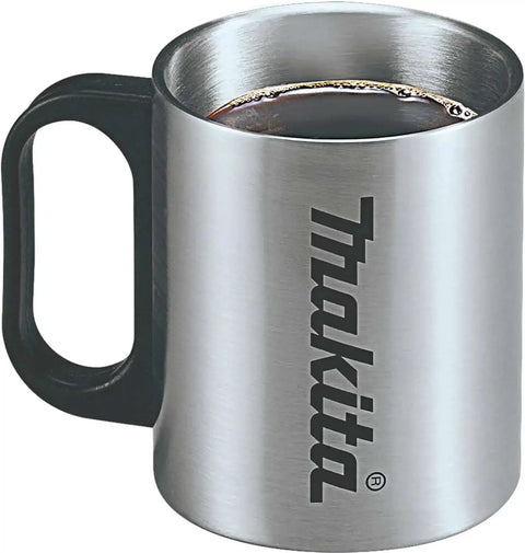 Stainless steel mug with Makita logo filled with coffee, representing the No Fuss Brew Machine with Permanent Drip Filter, Lightweight And Portable.