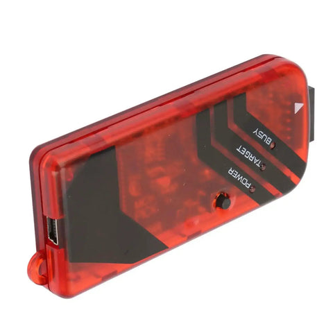 Red transparent microcontroller programmer debugger for beginners, featuring USB port and labels, budget friendly and easy to use.