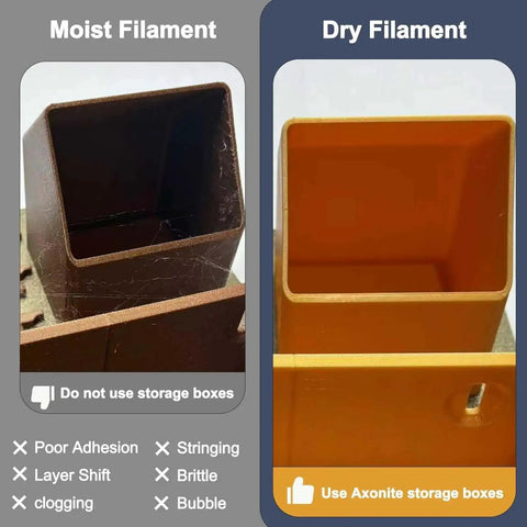 Comparison of moist vs dry filament effects, showcasing poor adhesion and stringing for moist filament, ideal filament dryness for 3D printing.