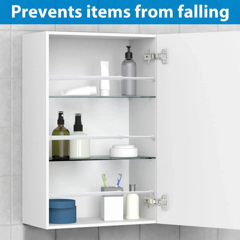 Open cabinet with 4 pack adjustable sliding door security bars with white rubber tips tension rods 9.8 to 15.7 inch installed on shelves.