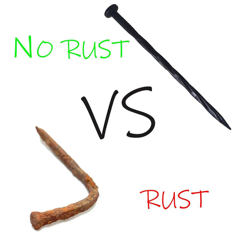 Comparison of a rusty nail and a black Spiral Nylon Landscape Anchoring Spike with text 'No Rust VS Rust'