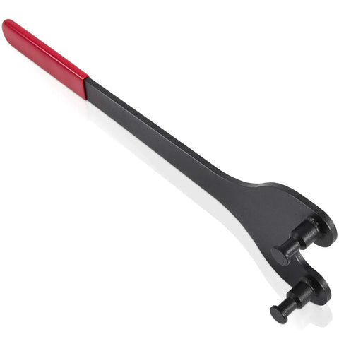 Angled side view of cam pulley holding tool with red handle and gray metal body