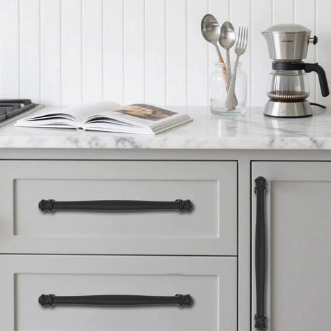 Two Pack Black Cabinet Pulls Center To Center 96mm Three And Three Quarter Inch Solid Heavy Duty Cabinet Hardware installed on kitchen drawers.