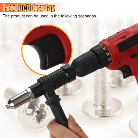 Cordless Pop Rivet Gun Adapter Kit attached to a red drill, with visible 2.4mm to 4.8mm rivet heads, used for quick riveting.