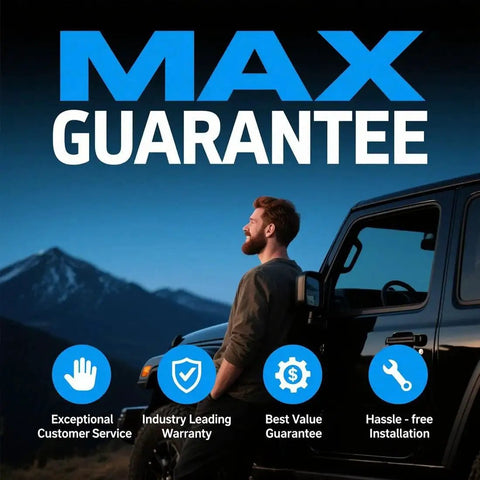 Man leaning on vehicle at scenic mountain view promoting max guarantee, customer service, warranty, and installation benefits.
