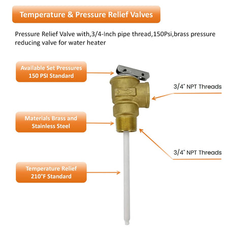 Brass temperature and pressure relief valve with lever and extension probe, 3/4 in NPT threads