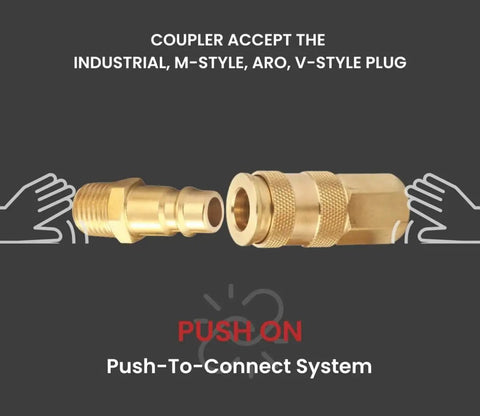 Pro High Flow Air Coupler and Plug Kit, Fourteen Piece V Style Set, One Quarter Inch NPT, Solid Brass Quick Connect Fittings