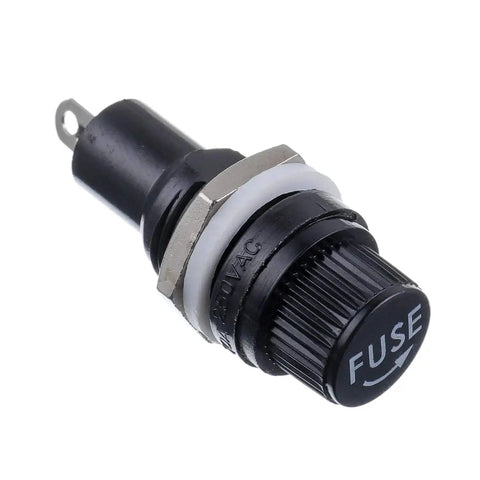 Close-up of Panel Mount 5X20MM Black Screw Cap Fuse Holder Kit With 10A And 15A Quick Blow Glass Fuses, showing fuse holder.
