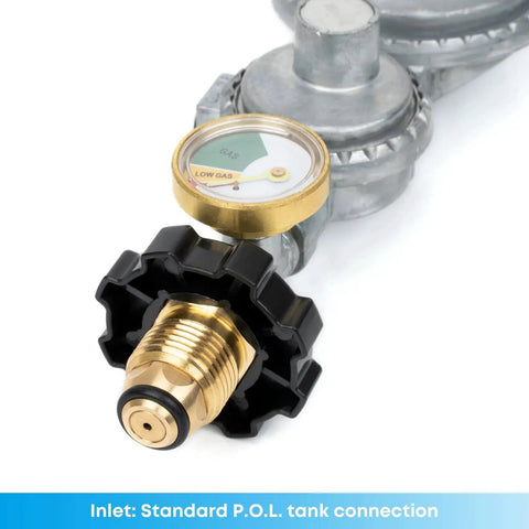 Close-up of Two Stage Propane Regulator with Gauge for RVs, POL tank connection detail, three-color dial visible