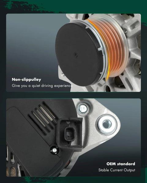 Close-up of non-slip pulley and OEM standard parts of 120A CW 6 Groove Pulley, Internal Fan And Regulator for Nissan Rogue Alternator.