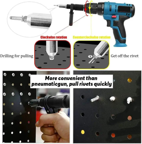 Cordless Rivet Gun Tool Kit For Drills With Four Threaded Heads 2.4mm 3.2mm 4.0mm 4.8mm, Pro Grade Riveter Drill Attachment Set