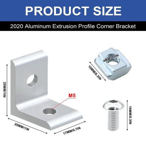 2020 aluminum extrusion profile corner bracket with M5 screw and T nut, detailed measurements for 24 Pack 2020 Corner Bracket Connectors For 20x20 Aluminum Extrusion ,  90 Degree Angle Brackets With T Nuts And Screws, Wrench Included, Silver DIY Hardware Kit For Aluminum Framing And Projects