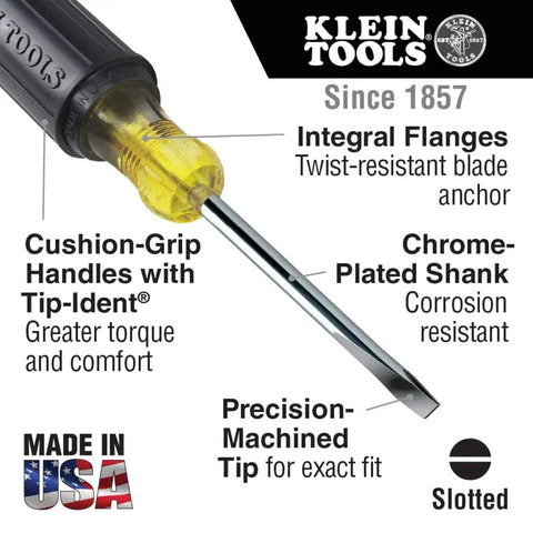 Keystone Screwdriver With Five Sixteenth Inch Tip And Six Inch Square Shank For Heavy Duty Use Made In USA Chrome Plated Blade And Cushion Grip Handle For Tough Jobs Klein Tools