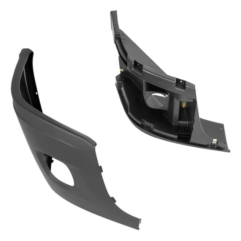 Front Passenger Bumper End Cap Reinforcement for Cascadia Fog Light Holes, black plastic, uninstalled view.
