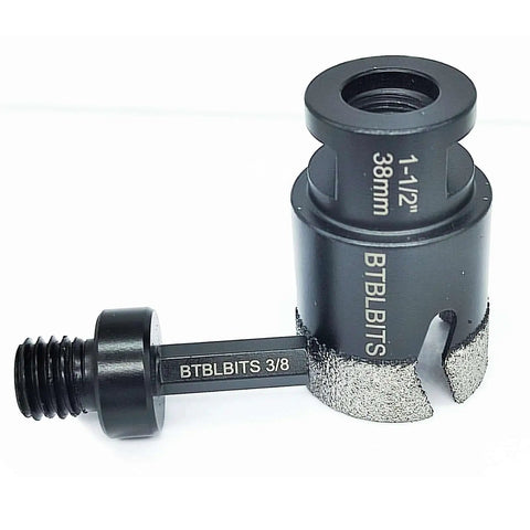 Dry Diamond Core Drill Bit For Tile And Stone One And A Half Inch 38mm With Three Eighths Inch Hex Shank Adapter and Five Eighths Inch Thread