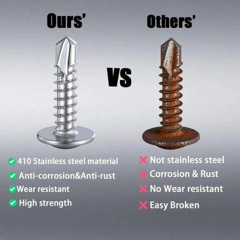 BSTMGGJ #8 self-tapping screws: pair shown, left shiny 410 stainless steel vs right rusted; 1/2 3/4 1 modified truss head