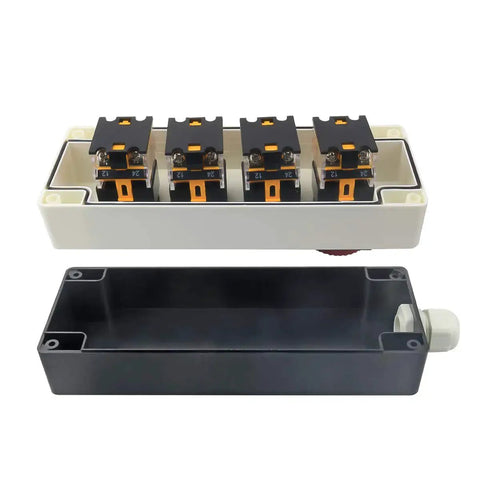 Internal view of Red Yellow Green Emergency Stop Push Button Switch 1NC 1NO Self Locking Momentary Mushroom Button For Heavy Duty Machines 440V 10A Non Illuminated Latching Pushbutton Station Switch showing contact mechanism.