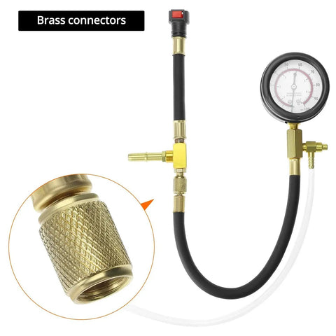 Universal Fuel Pressure Test Kit With Dual Gauge 0 To 7 Bar 0 To 100 PSI showing brass connectors and gauge.