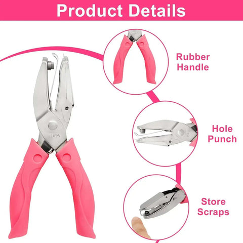 Pink Dual Shape Heart And Star Hole Puncher with soft grip handle, showing rubber handle, hole punch, and scrap storage details.